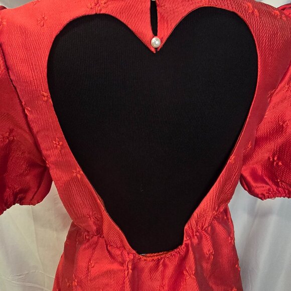 Sister Jane Poppy Dress Red Jacquard Mini Short Puff Sleeves Heart Back Medium - Picture 10 of 12